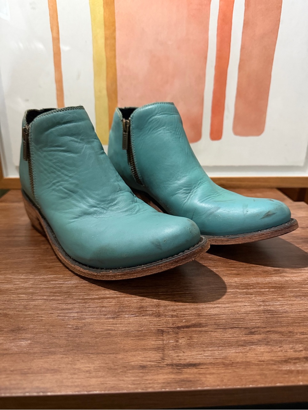 Liberty Black Turquoise Leather Western Ankle Boots 7.5 Double Zip Bootie Fall